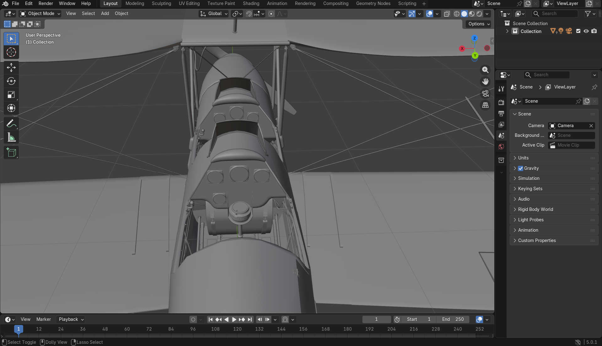 Blender viewport showing the aircraft cockpit and instrument panel from above