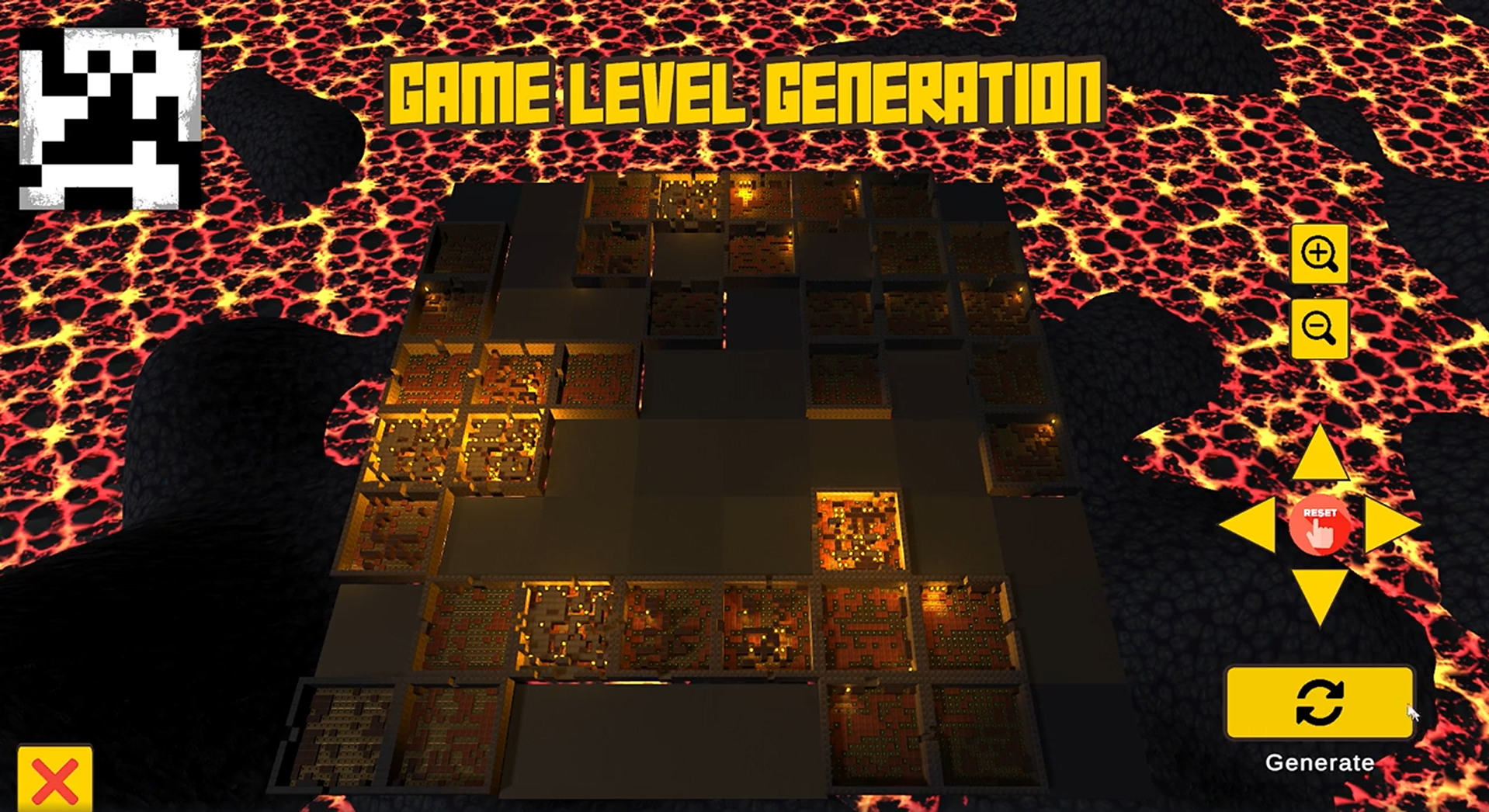 Generated dungeon level overview surrounded by lava