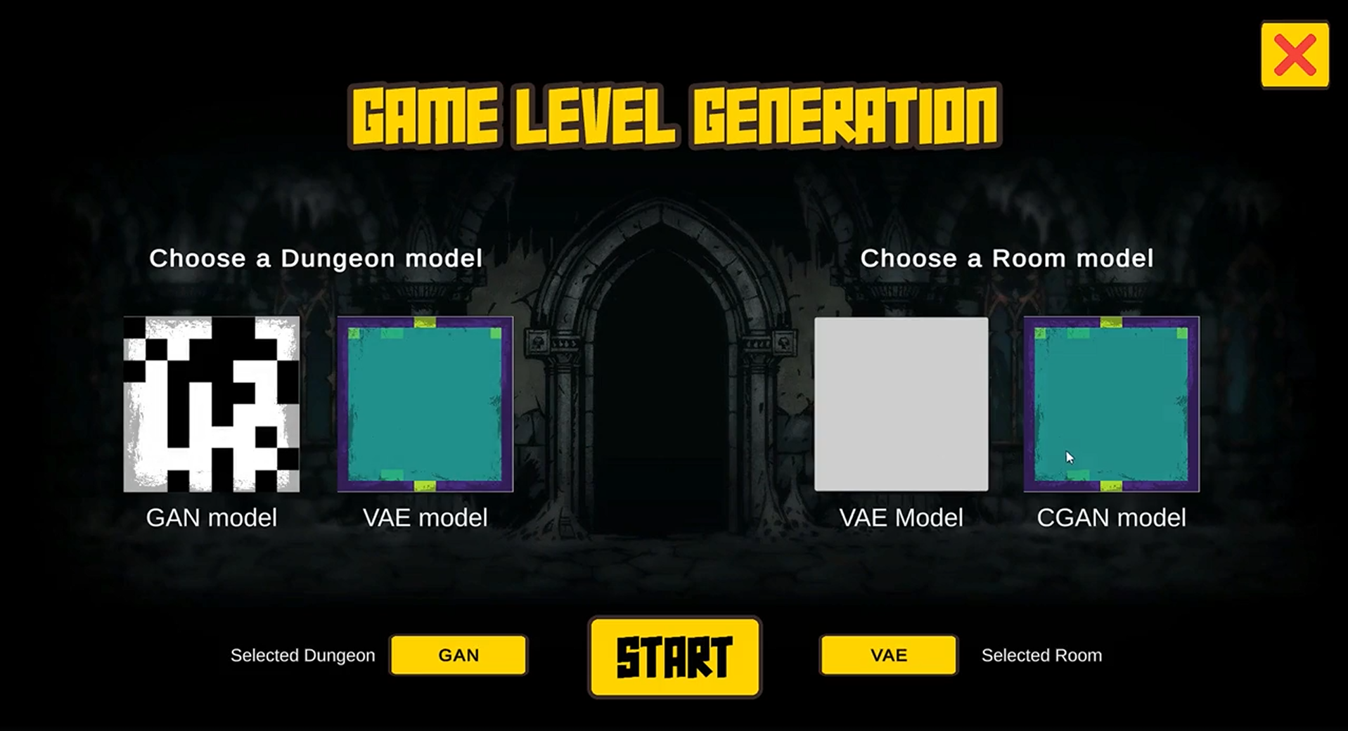 Game Level Generation interface for choosing dungeon and room models