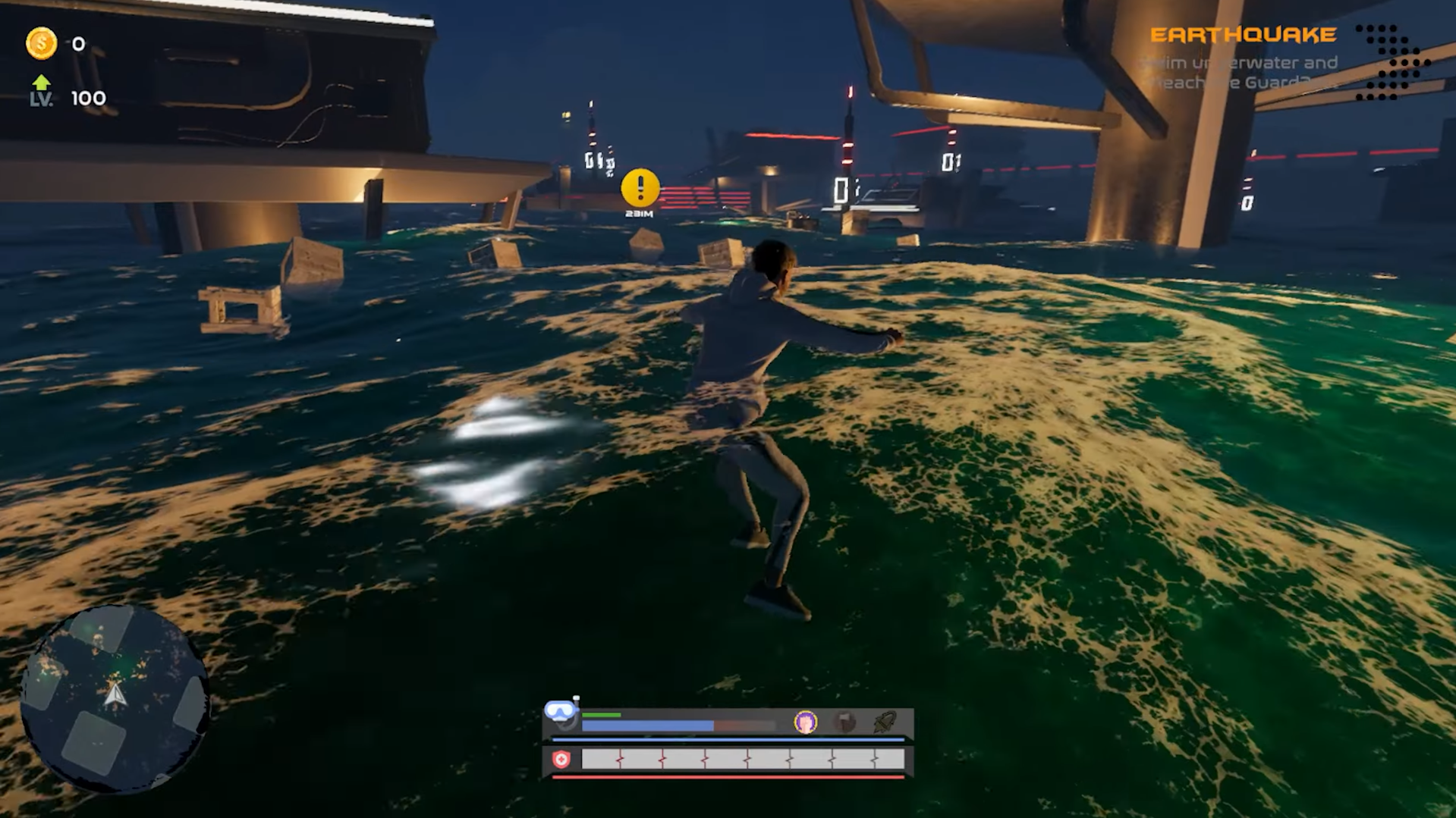 Tides of Destiny gameplay cover showing the player in a flooded post-apocalyptic landscape