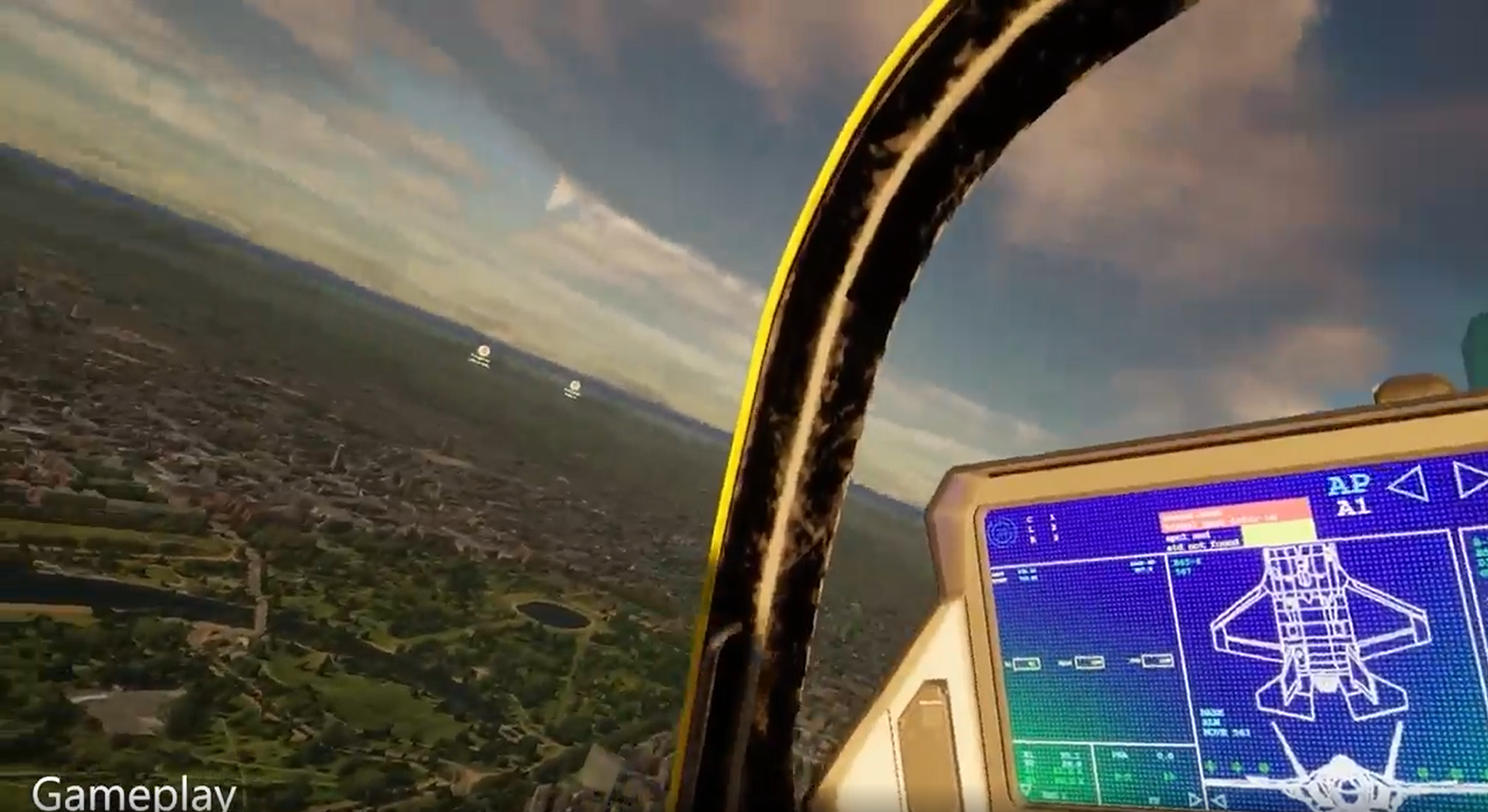 Cockpit gameplay view above a real-world geospatial environment
